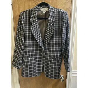 Vintage Rena Rowan For Saville Wool Plaid Houndstooth Blazer Black/Beige Button